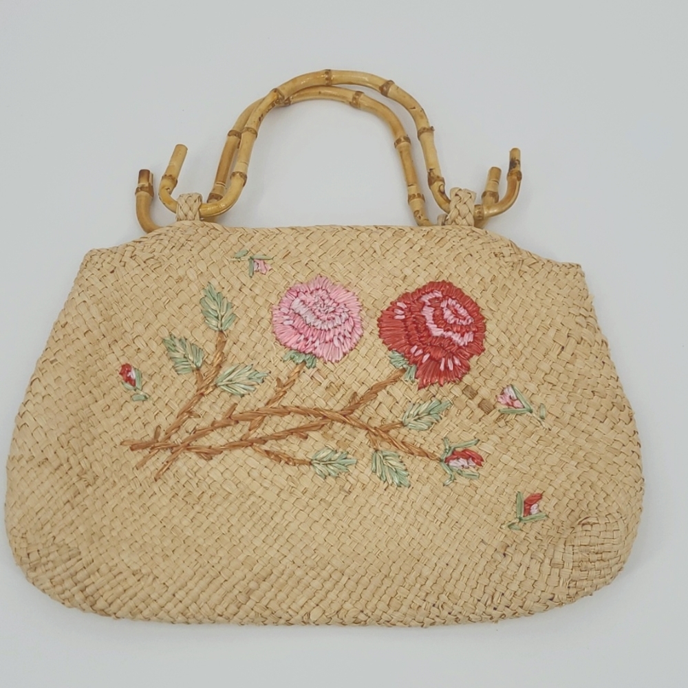 Woven Embroidered Purse with Bamboo Handles
